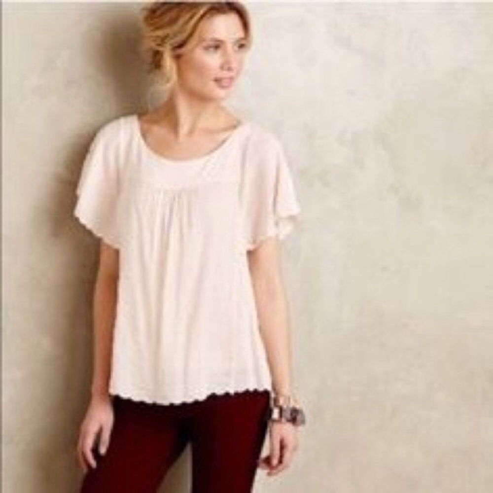 Anthropologie Cream Flutter Sleeve Top
